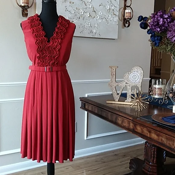 Adrianna Papell Ruffle Neckline belted Pleated Dress. Size 8 EUC - Picture 12 of 17